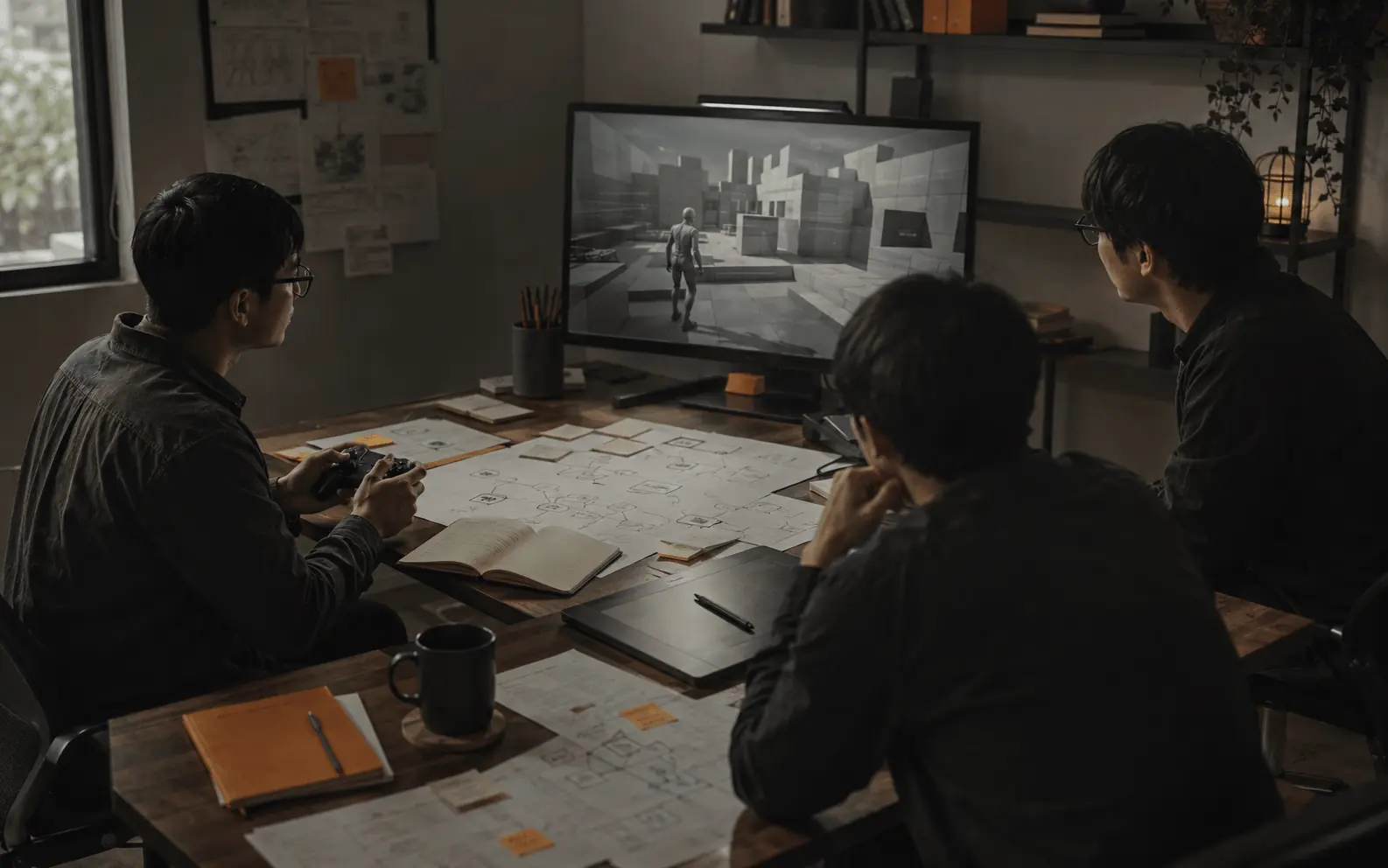 開發人員在筆記型電腦前檢視遊戲程式與測試內容，呈現賽特遊戲的原型迭代流程
