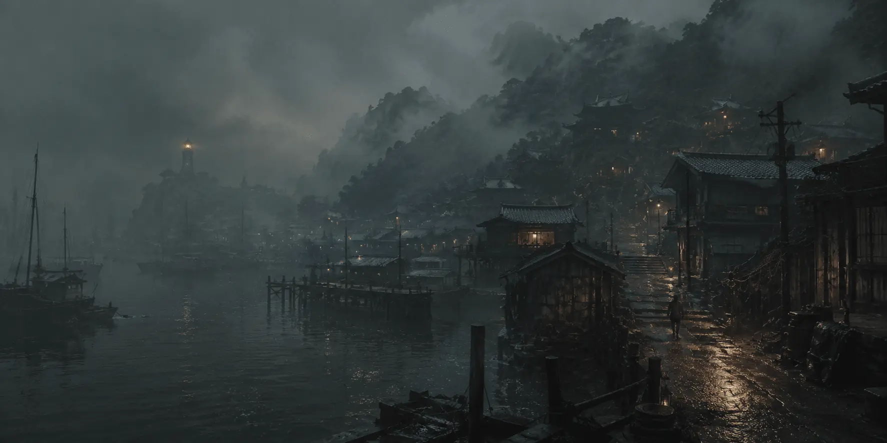 昏暗空間中的遊戲控制器與螢幕，呈現賽特遊戲開發中作品的懸疑敘事氛圍